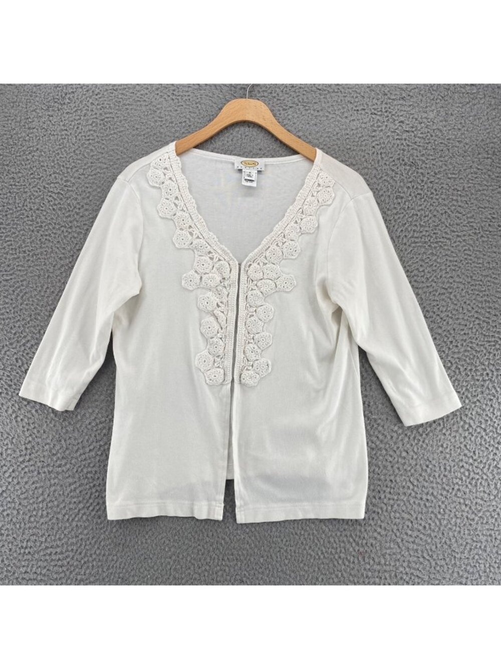 Talbots Sweater Womens Medium Petite VTG White Cotton 3/4 Sleeve Crochet V Neck